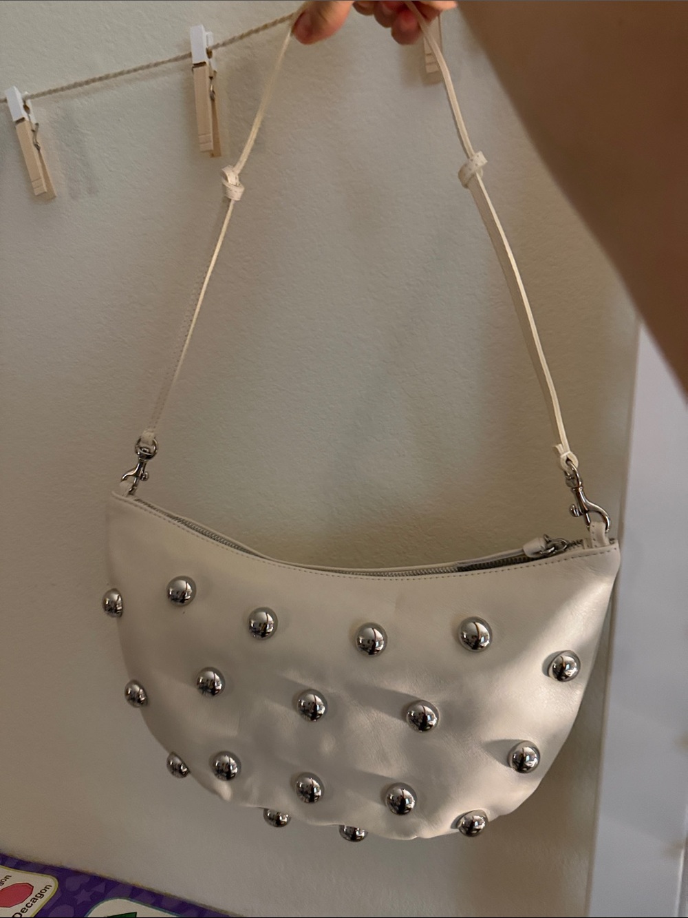 White Stud-Embellished Shoulder Bag